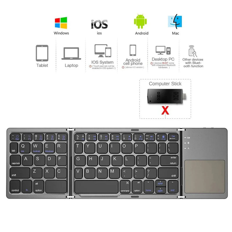 MINI TECLADO UNIVERSAL - TOUCHPAD - DOBLÁVEL - PORTÁTIL - BLUETOOTH - AMERICANO IMPORTADO